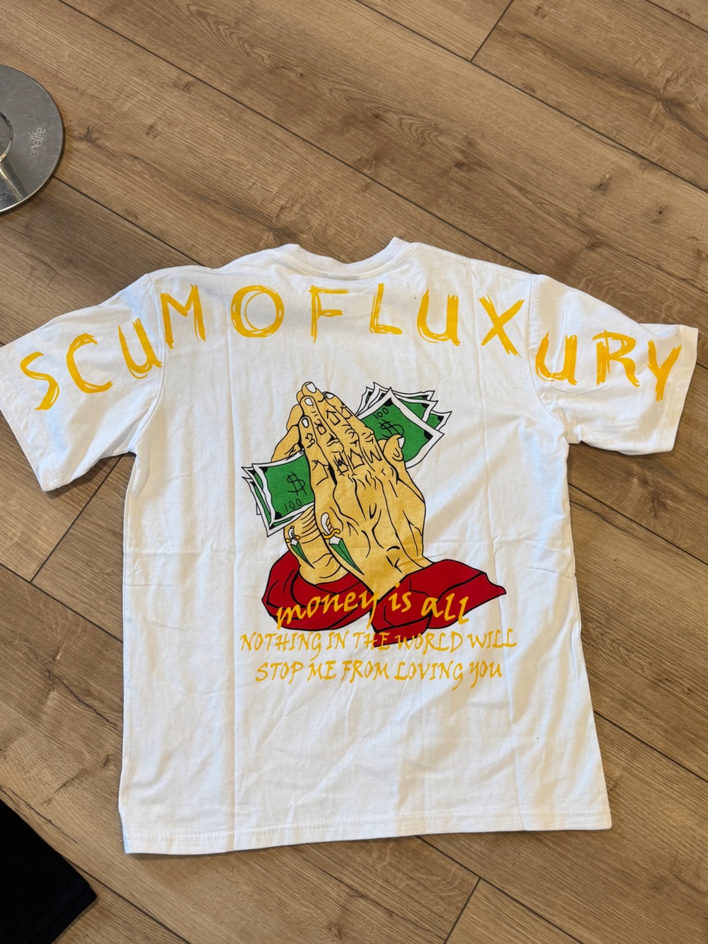 White Graphic Short Sleeve Tee with Prayer Hands and Money Print